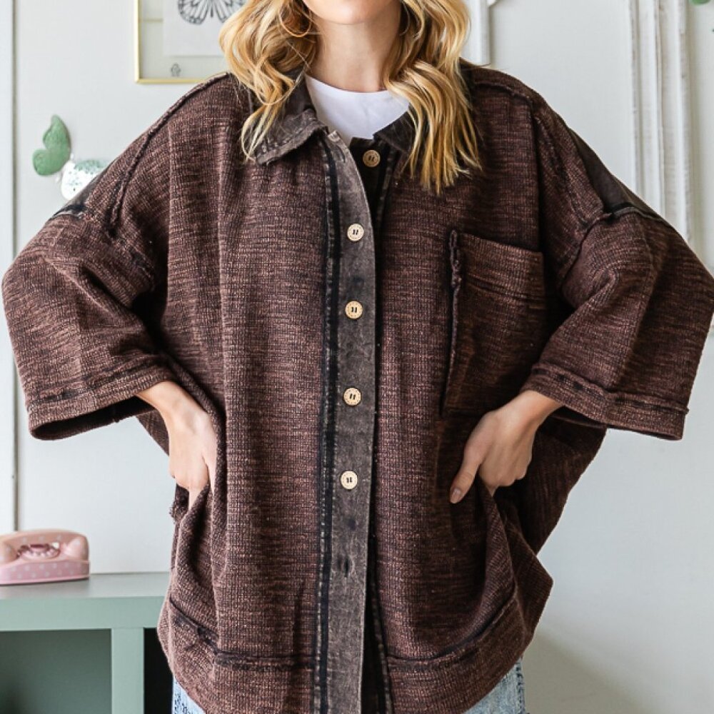 Oli & Hali Black Mixed Mineral Washed Short Sleeve Button Down Shirt Jacket - Picture 5 of 5